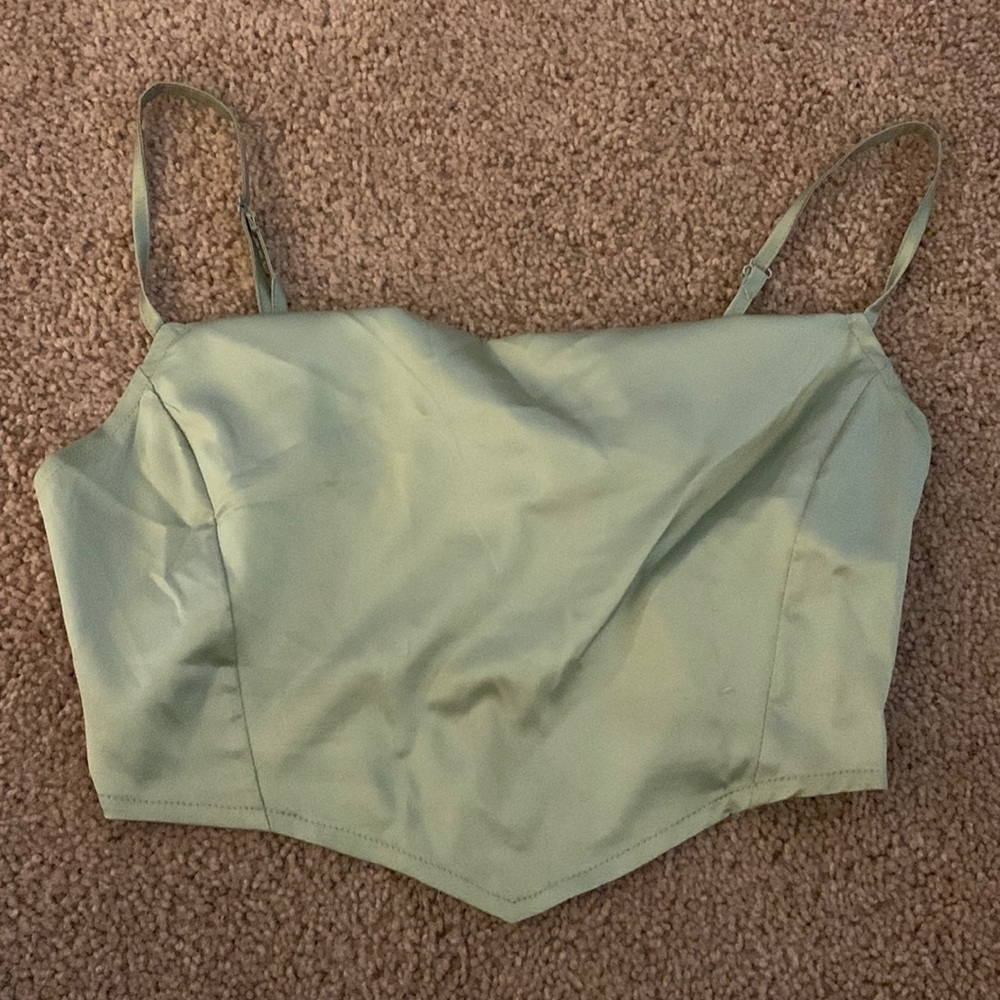 PrettyLittleThing sage satin cowl neck crop top - size 8